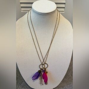 Double Strand Gold Necklaces w/Purple & Pink Feathers, BFF Charm & Rhinestones